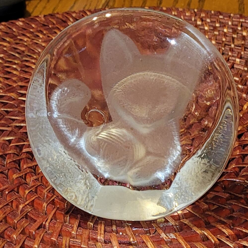 Vtg Cat Zahecar Lead Crystal Paperweight Glass Kitten W/Ball Of Yarn Yugoslavian